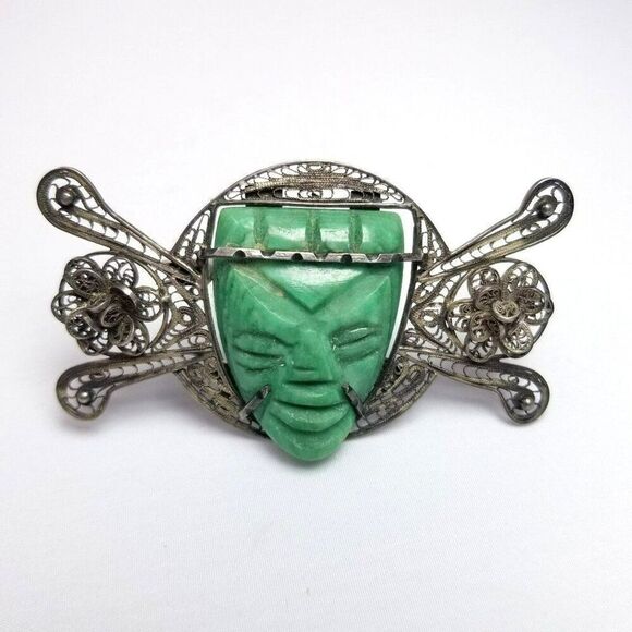 Vintage Mexico Silver Filigree Carved Green Stone, Aztec Mayan Style Brooch - Picture 1 of 6